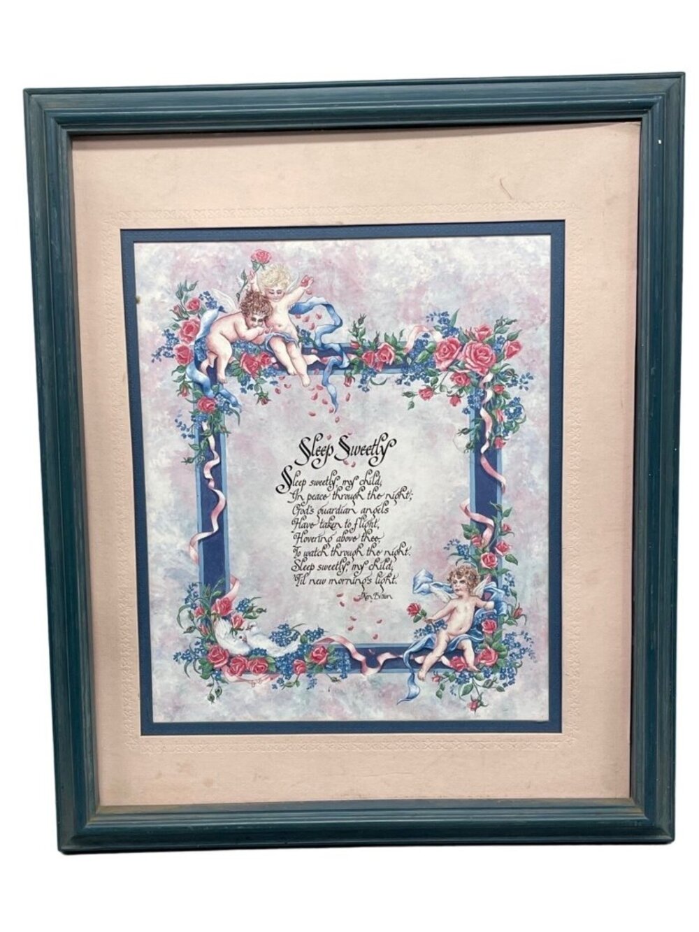 Blue framed poem sleep sweetly by ken brown matted floral angles pink READ